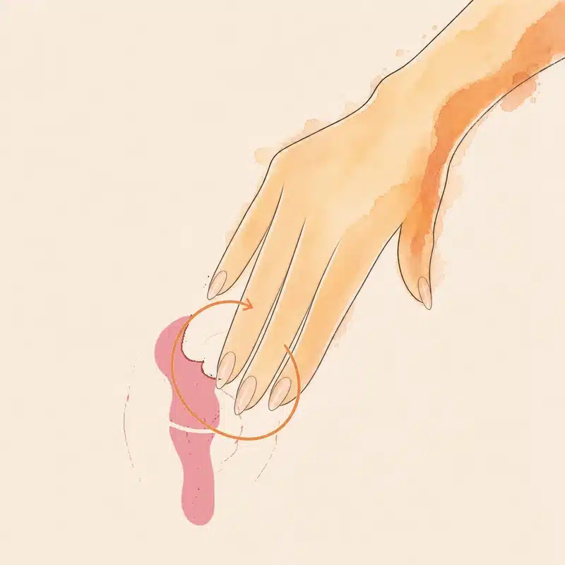 Diagram: three fingers laid flat on the top of the vulva draw wide circles