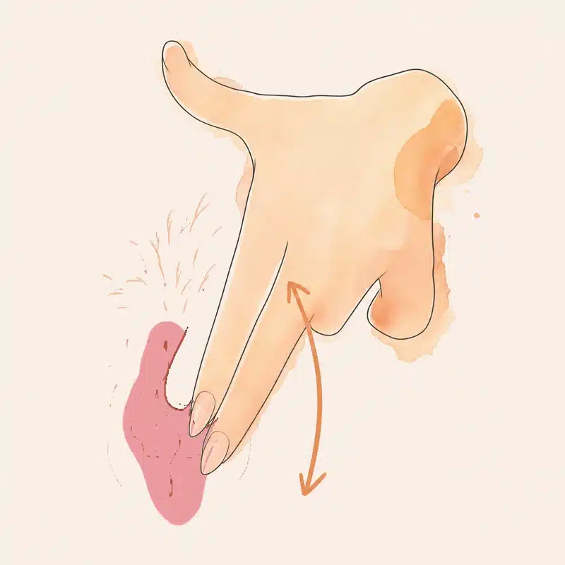 Diagram: two fingers laid along the vulva slide up and down