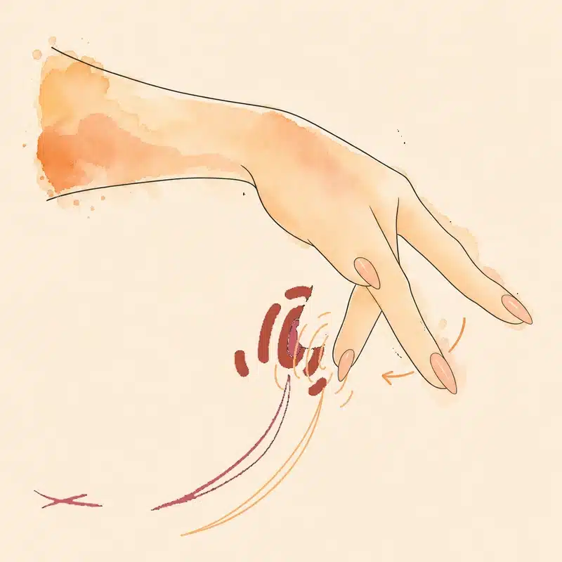 Diagram: two fingers resting on the vulva make small, quick vibrations without sliding